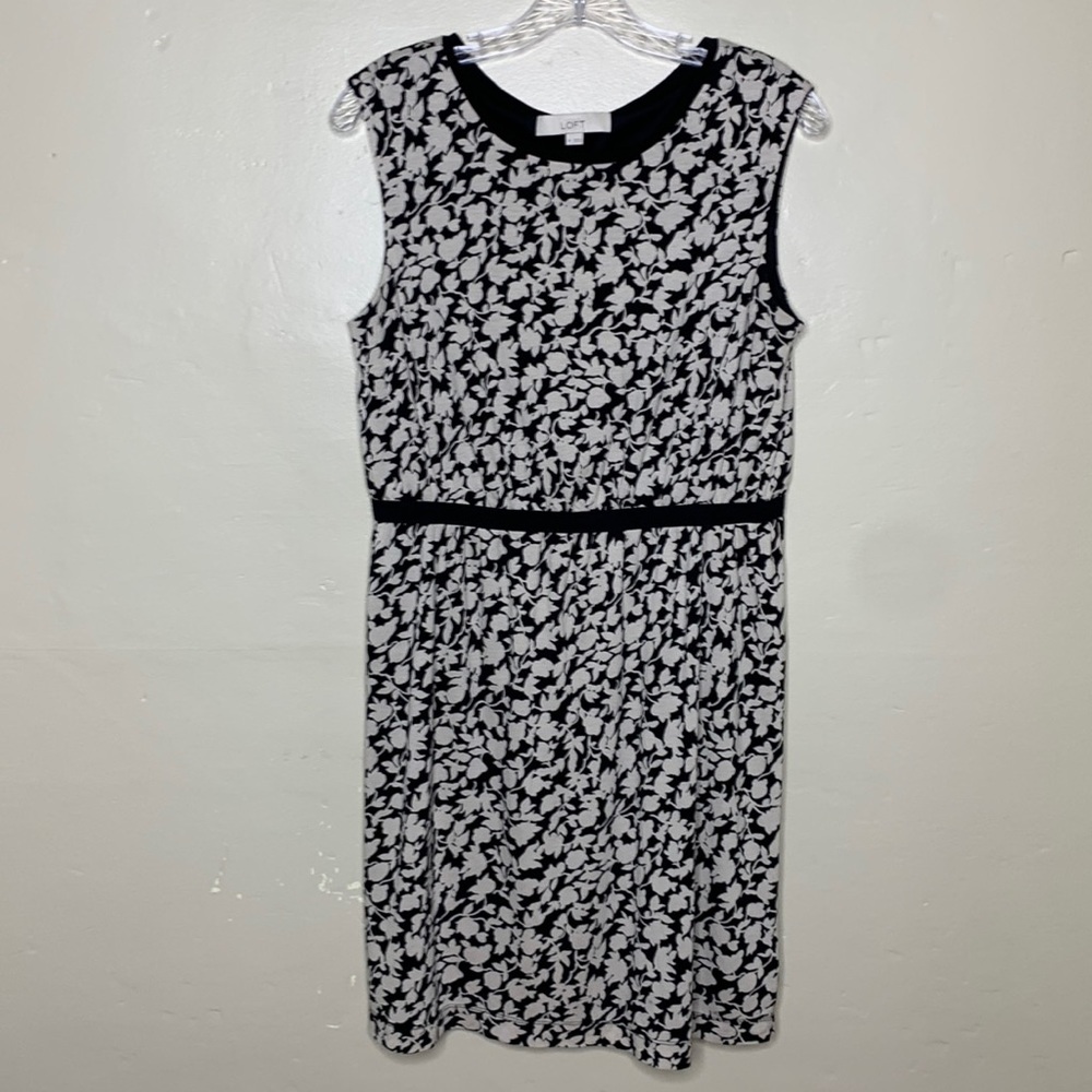 LOFT Dress Tan & Black Soft Jersey Knit Ribbon Waistband Popover Scoop Neck Md